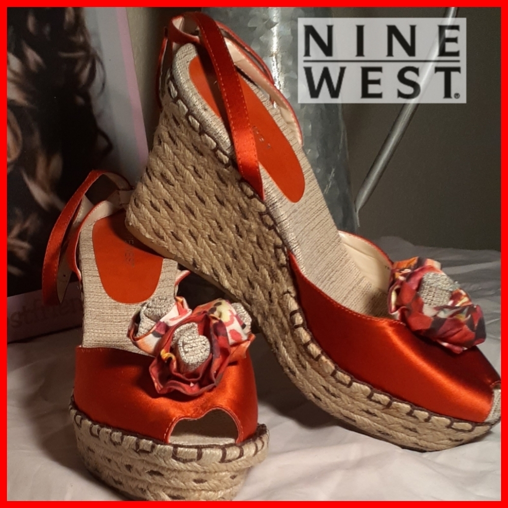 Nine West Red Satin Strappy Wedge Sandals